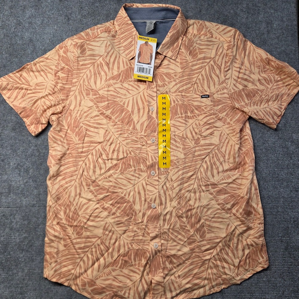 Hurley Mens Boardwalk Shirt Orange Palm Leaf Print Rayon Button Down Medium NEW